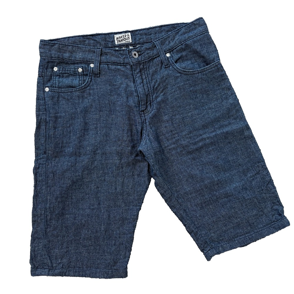 Naked & Famous Shorts Men 31 x 12" Blue Slim Guy Double-Weave Linen Cotton Blend